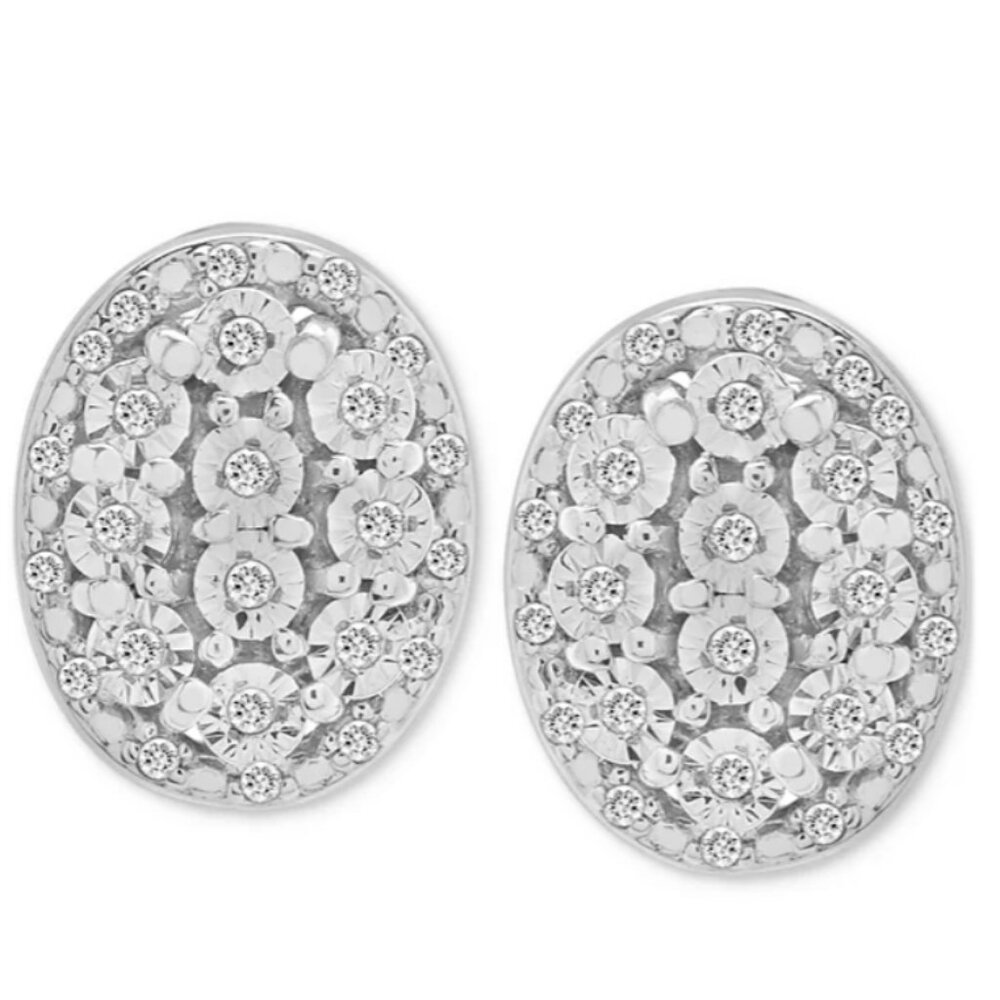 Diamond Oval Halo Cluster Earrings – Sterling Silver NWT - Picture 3 of 6
